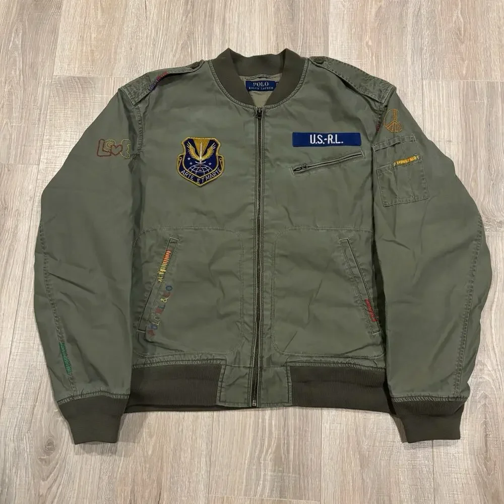 Authentic Polo Ralph Lauren Military Bomber Jacket Mens XL Peace Love USRL Green